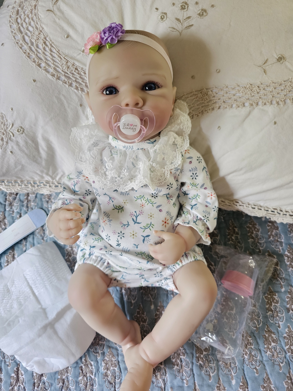 Realistic Baby Doll with Floral Outfit and Pink Pacifier New With Accesories